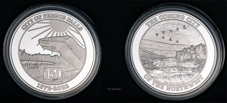 Fine silver Fergus falls coin - front and back