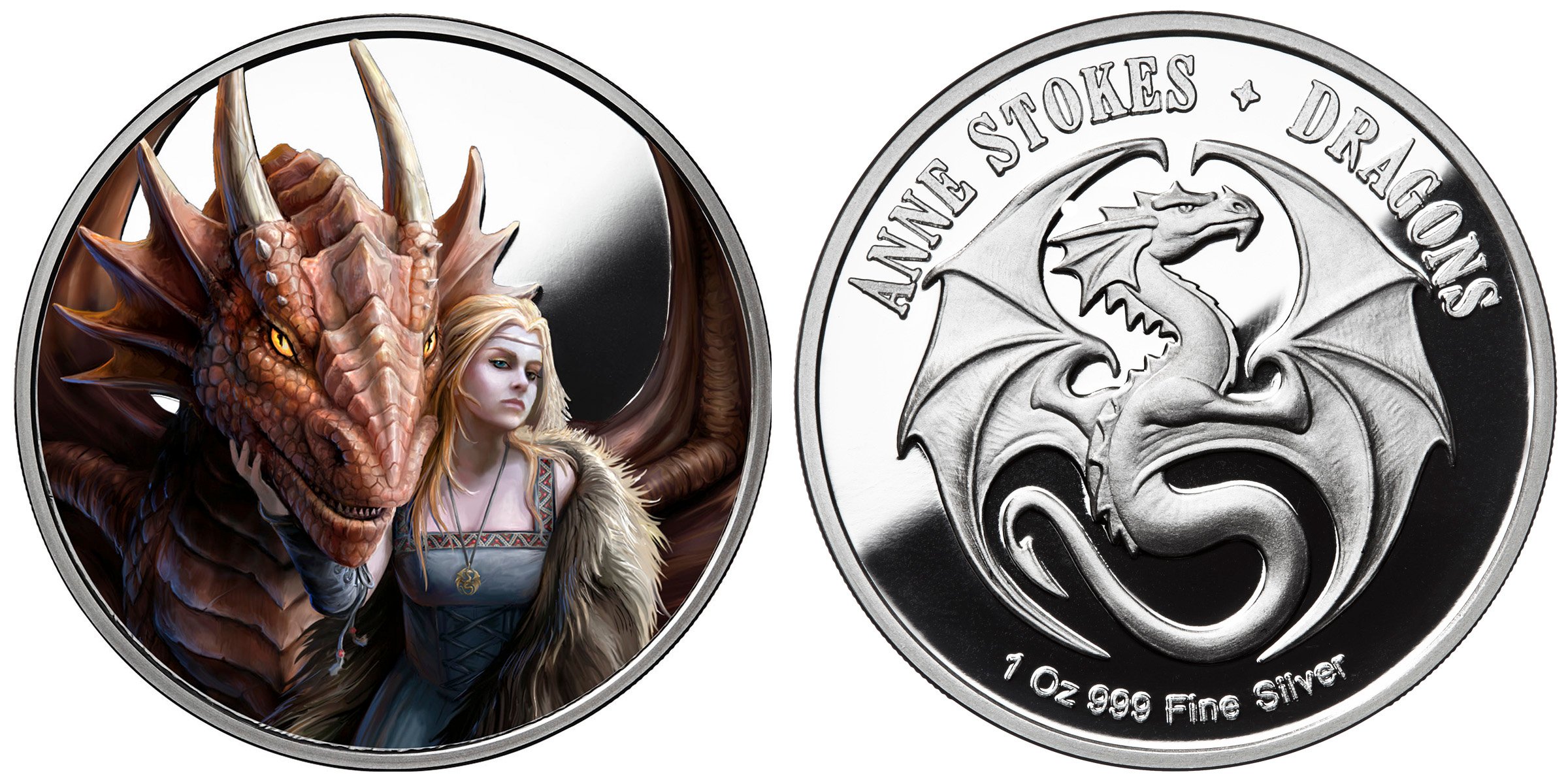 Friend or Foe 1 oz Silver Colorized Round Anne Stokes Dragons SKU#169632